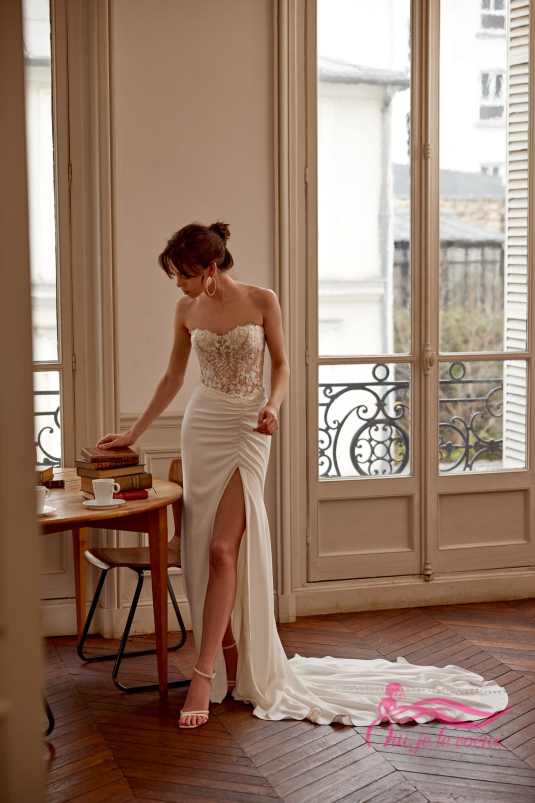 Robe de mariée crepe, Dentelle, Chantal Justin