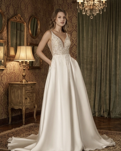 Wedding dress Satin, Beaded Lace, Leduc